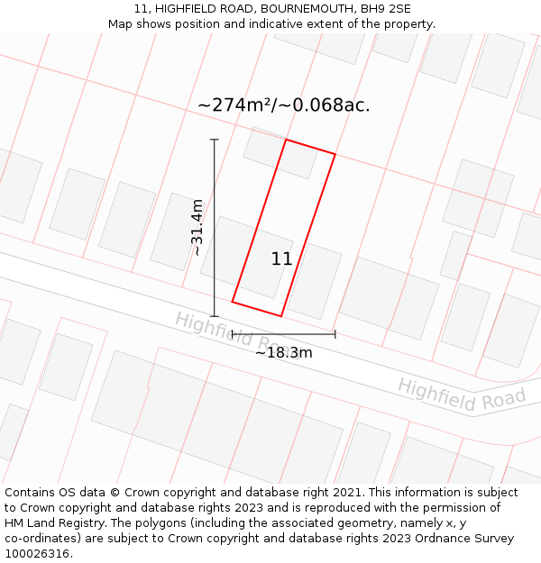 11, HIGHFIELD ROAD, BOURNEMOUTH, BH9 2SE: Plot and title map