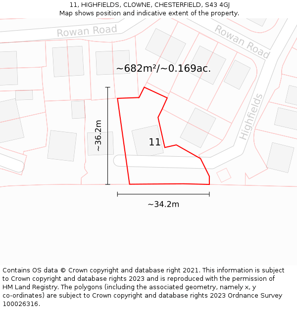 11, HIGHFIELDS, CLOWNE, CHESTERFIELD, S43 4GJ: Plot and title map