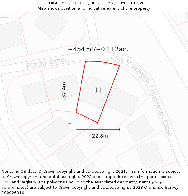 11, HIGHLANDS CLOSE, RHUDDLAN, RHYL, LL18 2RU: Plot and title map