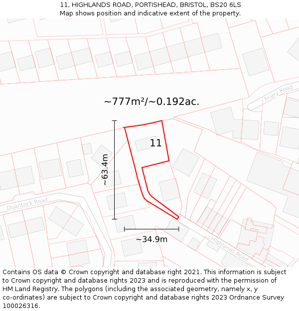 11, HIGHLANDS ROAD, PORTISHEAD, BRISTOL, BS20 6LS: Plot and title map