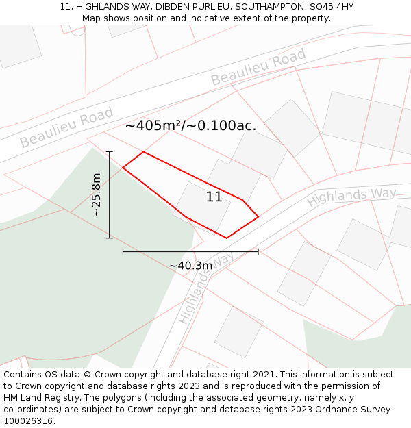 11, HIGHLANDS WAY, DIBDEN PURLIEU, SOUTHAMPTON, SO45 4HY: Plot and title map