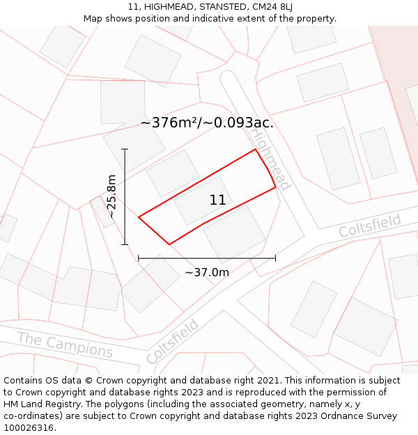 11, HIGHMEAD, STANSTED, CM24 8LJ: Plot and title map