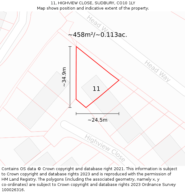 11, HIGHVIEW CLOSE, SUDBURY, CO10 1LY: Plot and title map