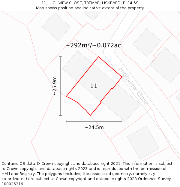 11, HIGHVIEW CLOSE, TREMAR, LISKEARD, PL14 5SJ: Plot and title map