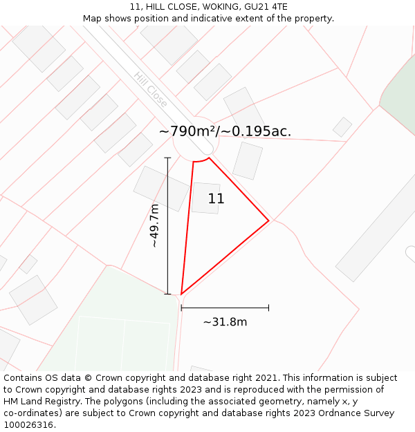 11, HILL CLOSE, WOKING, GU21 4TE: Plot and title map