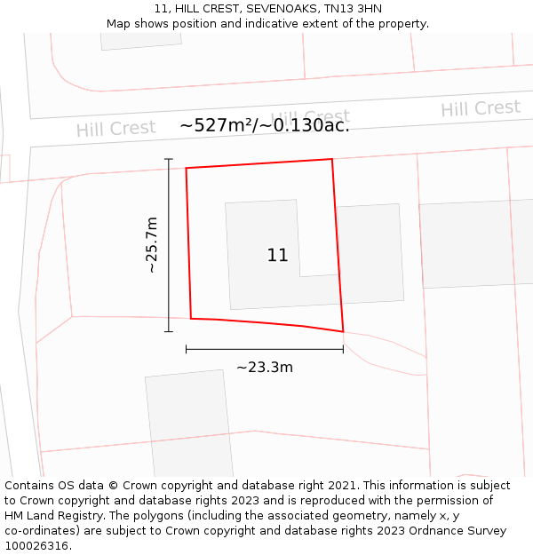 11, HILL CREST, SEVENOAKS, TN13 3HN: Plot and title map