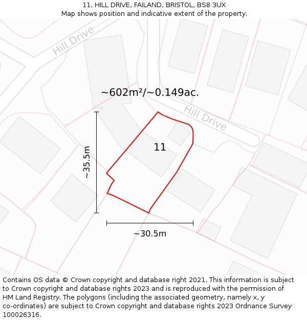 11, HILL DRIVE, FAILAND, BRISTOL, BS8 3UX: Plot and title map