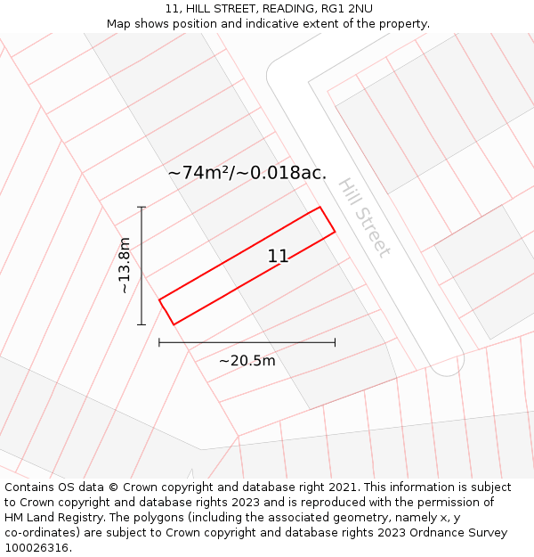 11, HILL STREET, READING, RG1 2NU: Plot and title map