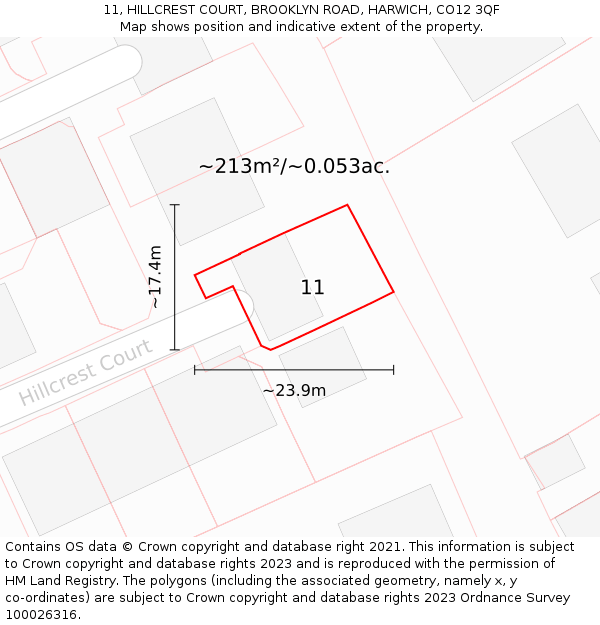 11, HILLCREST COURT, BROOKLYN ROAD, HARWICH, CO12 3QF: Plot and title map