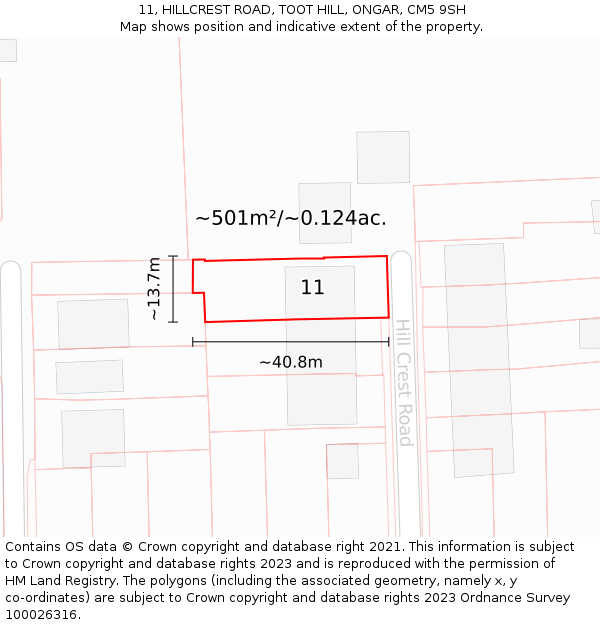 11, HILLCREST ROAD, TOOT HILL, ONGAR, CM5 9SH: Plot and title map