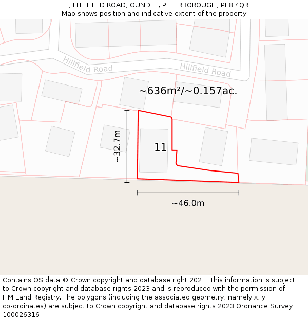 11, HILLFIELD ROAD, OUNDLE, PETERBOROUGH, PE8 4QR: Plot and title map