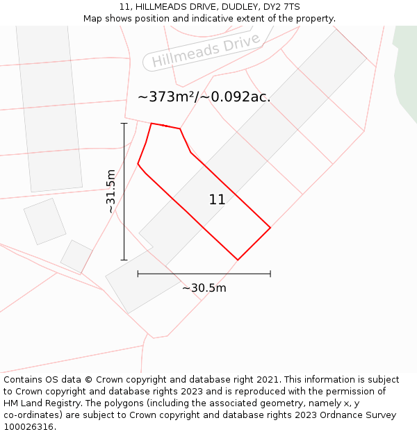 11, HILLMEADS DRIVE, DUDLEY, DY2 7TS: Plot and title map