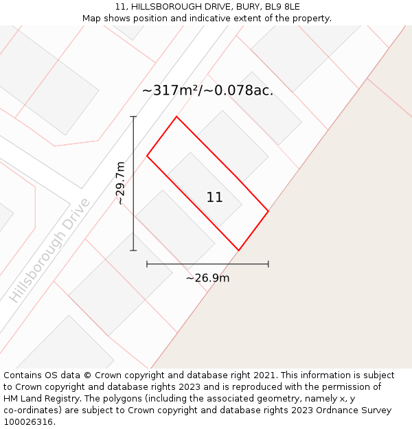 11, HILLSBOROUGH DRIVE, BURY, BL9 8LE: Plot and title map