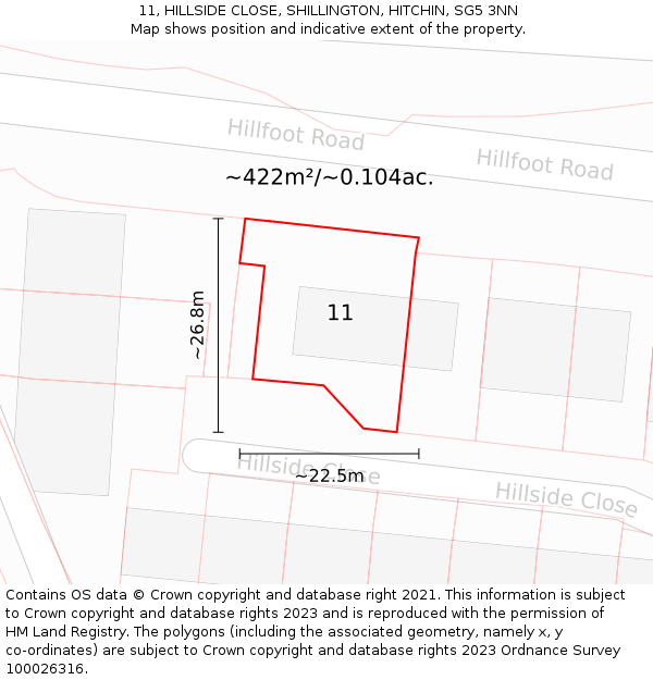 11, HILLSIDE CLOSE, SHILLINGTON, HITCHIN, SG5 3NN: Plot and title map
