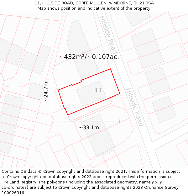 11, HILLSIDE ROAD, CORFE MULLEN, WIMBORNE, BH21 3SA: Plot and title map