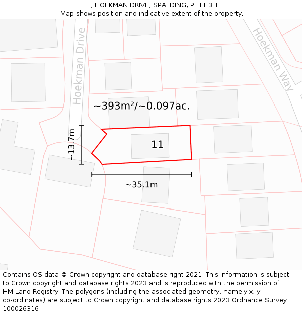 11, HOEKMAN DRIVE, SPALDING, PE11 3HF: Plot and title map