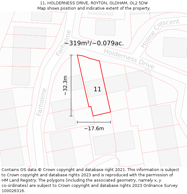 11, HOLDERNESS DRIVE, ROYTON, OLDHAM, OL2 5DW: Plot and title map