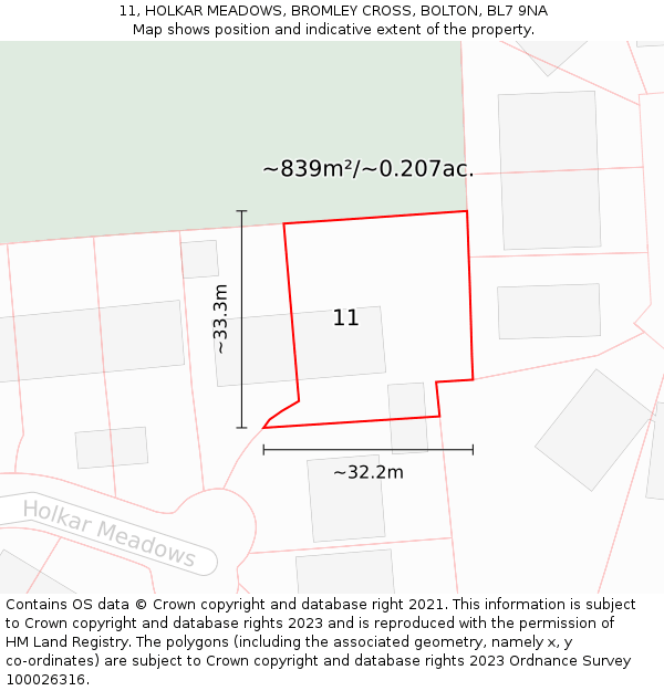 11, HOLKAR MEADOWS, BROMLEY CROSS, BOLTON, BL7 9NA: Plot and title map