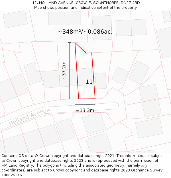 11, HOLLAND AVENUE, CROWLE, SCUNTHORPE, DN17 4BD: Plot and title map