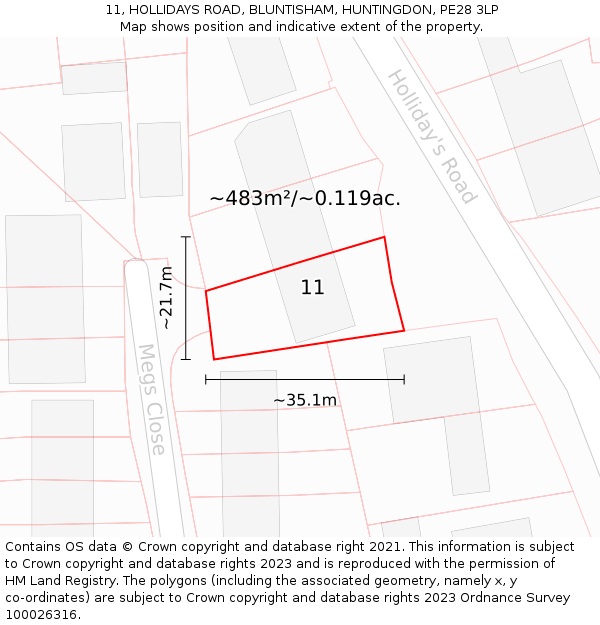 11, HOLLIDAYS ROAD, BLUNTISHAM, HUNTINGDON, PE28 3LP: Plot and title map