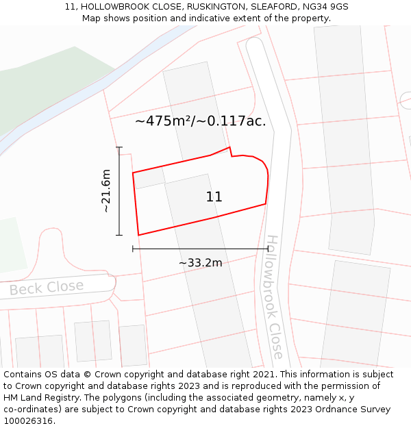 11, HOLLOWBROOK CLOSE, RUSKINGTON, SLEAFORD, NG34 9GS: Plot and title map