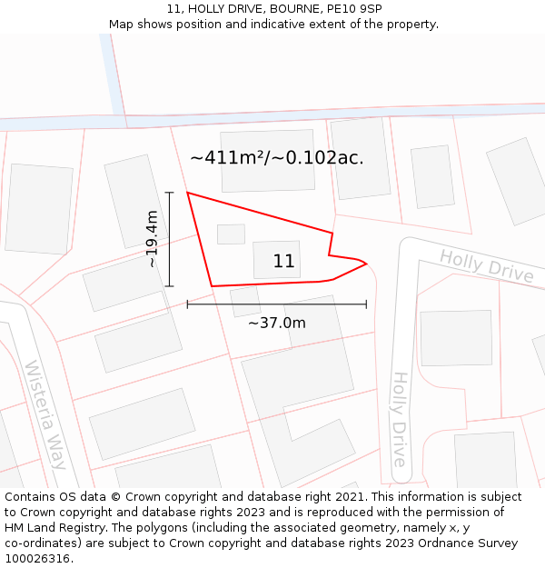 11, HOLLY DRIVE, BOURNE, PE10 9SP: Plot and title map