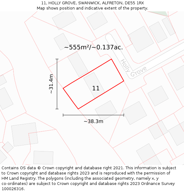 11, HOLLY GROVE, SWANWICK, ALFRETON, DE55 1RX: Plot and title map