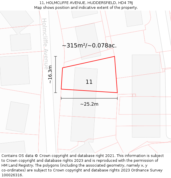 11, HOLMCLIFFE AVENUE, HUDDERSFIELD, HD4 7RJ: Plot and title map