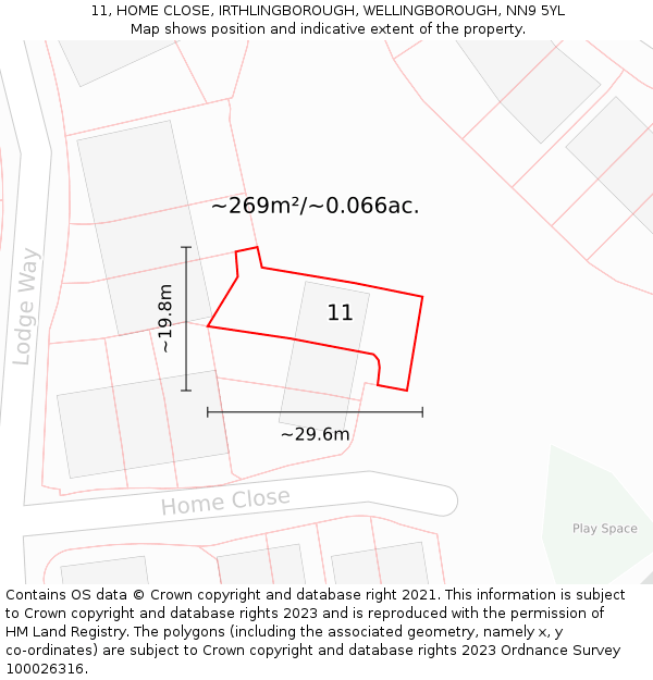 11, HOME CLOSE, IRTHLINGBOROUGH, WELLINGBOROUGH, NN9 5YL: Plot and title map