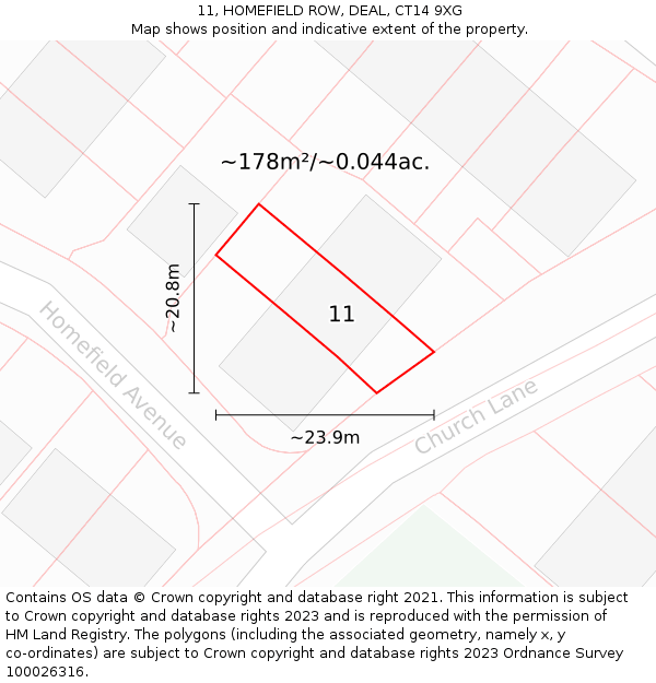 11, HOMEFIELD ROW, DEAL, CT14 9XG: Plot and title map