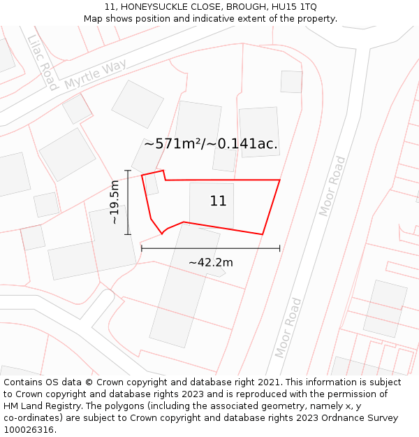 11, HONEYSUCKLE CLOSE, BROUGH, HU15 1TQ: Plot and title map