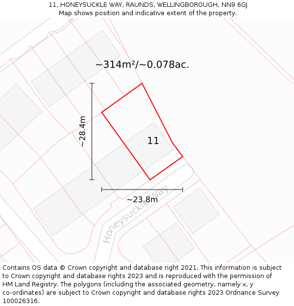 11, HONEYSUCKLE WAY, RAUNDS, WELLINGBOROUGH, NN9 6GJ: Plot and title map