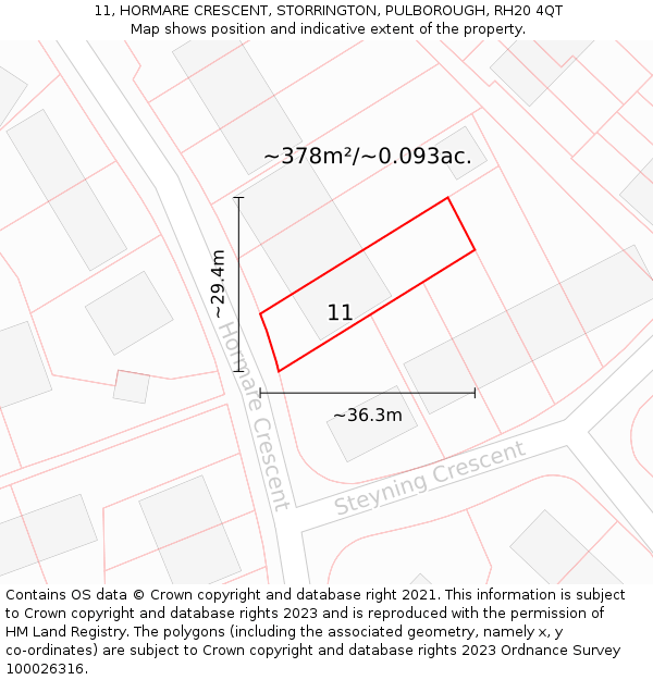 11, HORMARE CRESCENT, STORRINGTON, PULBOROUGH, RH20 4QT: Plot and title map