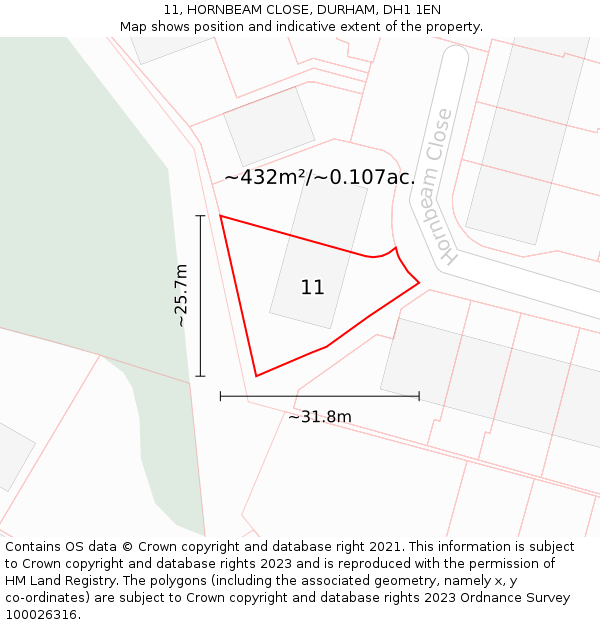 11, HORNBEAM CLOSE, DURHAM, DH1 1EN: Plot and title map