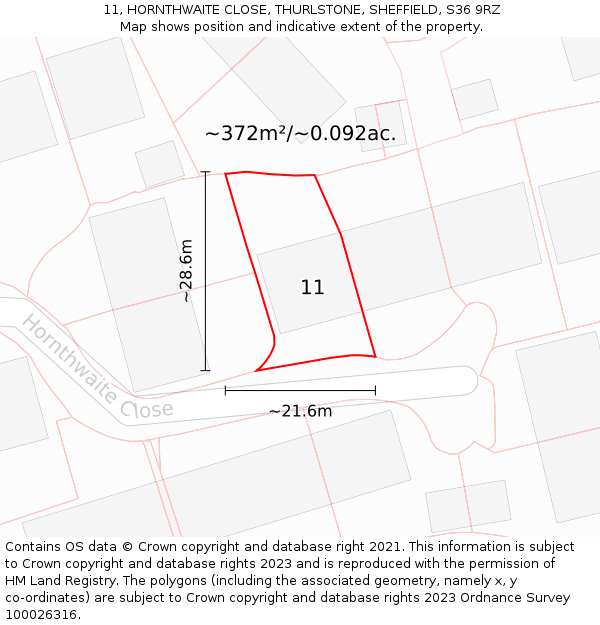 11, HORNTHWAITE CLOSE, THURLSTONE, SHEFFIELD, S36 9RZ: Plot and title map