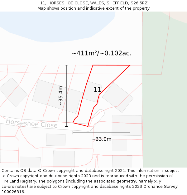 11, HORSESHOE CLOSE, WALES, SHEFFIELD, S26 5PZ: Plot and title map