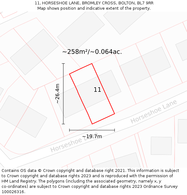 11, HORSESHOE LANE, BROMLEY CROSS, BOLTON, BL7 9RR: Plot and title map