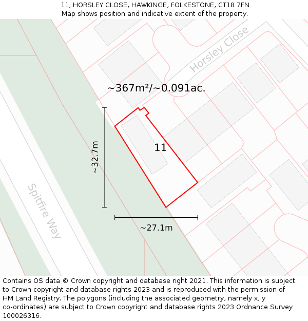 11, HORSLEY CLOSE, HAWKINGE, FOLKESTONE, CT18 7FN: Plot and title map