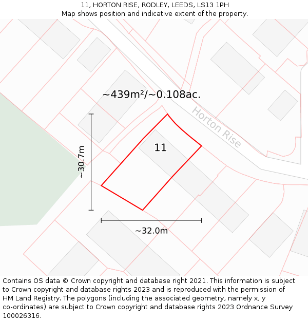 11, HORTON RISE, RODLEY, LEEDS, LS13 1PH: Plot and title map