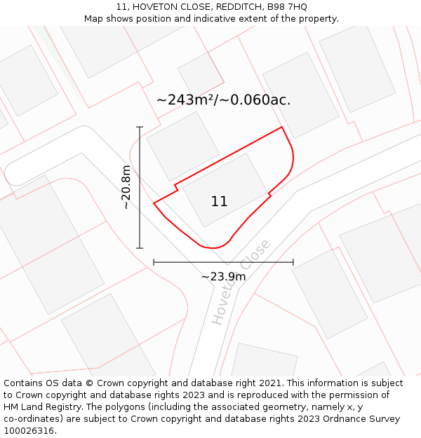 11, HOVETON CLOSE, REDDITCH, B98 7HQ: Plot and title map