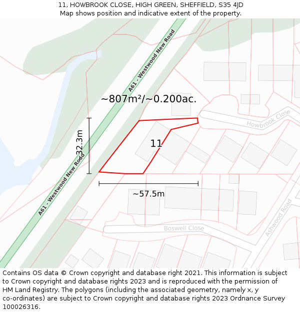 11, HOWBROOK CLOSE, HIGH GREEN, SHEFFIELD, S35 4JD: Plot and title map
