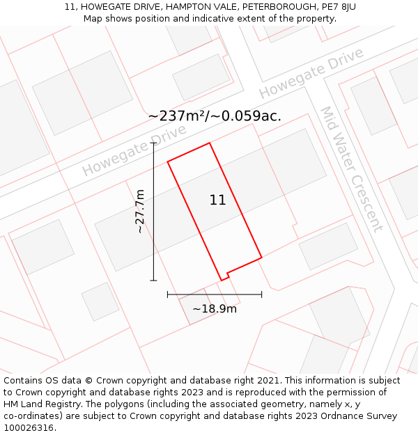 11, HOWEGATE DRIVE, HAMPTON VALE, PETERBOROUGH, PE7 8JU: Plot and title map