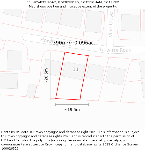 11, HOWITTS ROAD, BOTTESFORD, NOTTINGHAM, NG13 0FX: Plot and title map