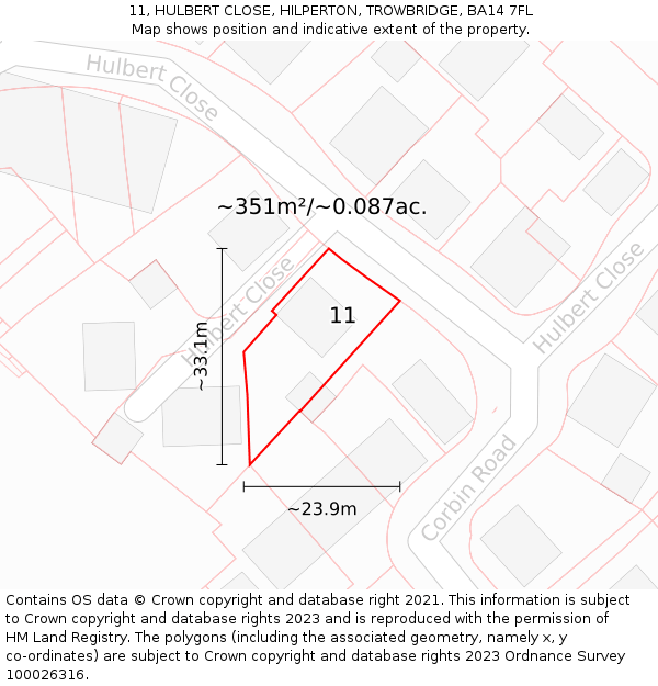 11, HULBERT CLOSE, HILPERTON, TROWBRIDGE, BA14 7FL: Plot and title map