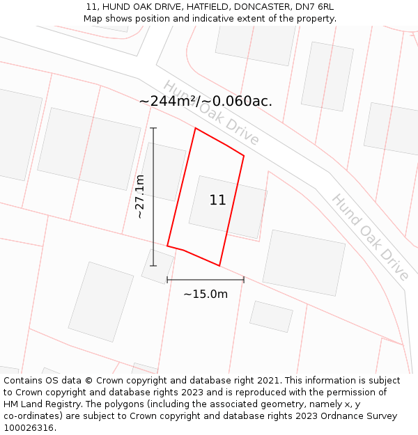 11, HUND OAK DRIVE, HATFIELD, DONCASTER, DN7 6RL: Plot and title map