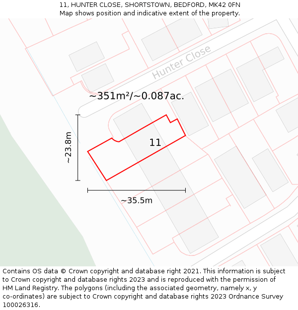 11, HUNTER CLOSE, SHORTSTOWN, BEDFORD, MK42 0FN: Plot and title map