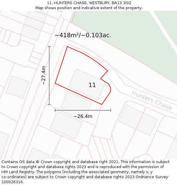 11, HUNTERS CHASE, WESTBURY, BA13 3GQ: Plot and title map