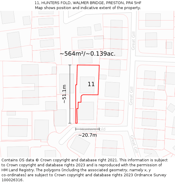 11, HUNTERS FOLD, WALMER BRIDGE, PRESTON, PR4 5HF: Plot and title map