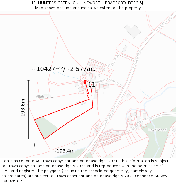 11, HUNTERS GREEN, CULLINGWORTH, BRADFORD, BD13 5JH: Plot and title map