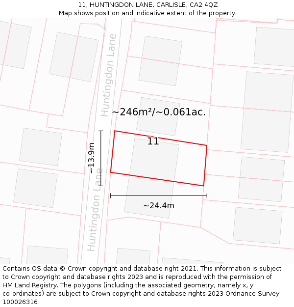 11, HUNTINGDON LANE, CARLISLE, CA2 4QZ: Plot and title map